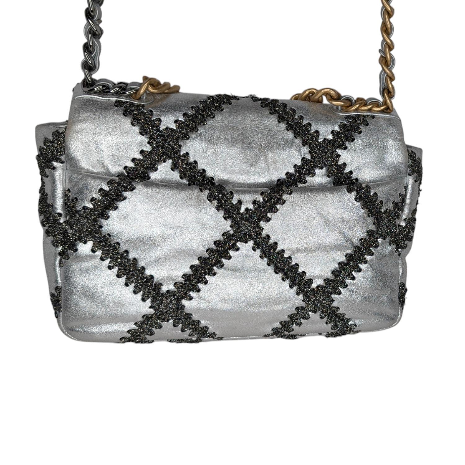 Chanel 2021 Metallic Calfskin Crochet Medium Chanel 19 Flap In Good Condition In Scottsdale, AZ
