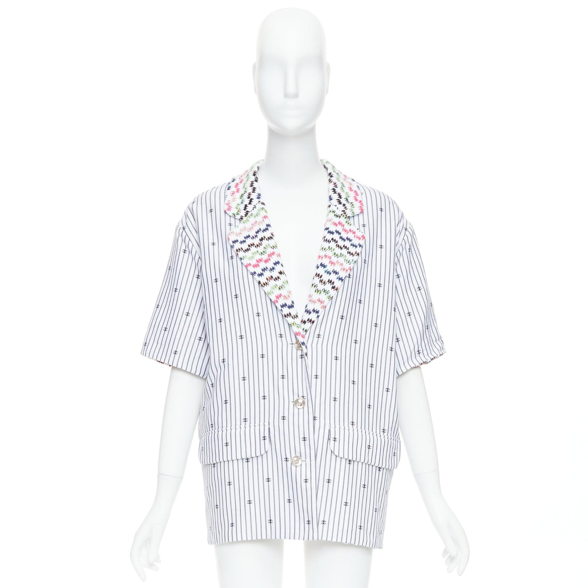 CHANEL 2021 multicolore tweed blanc rayé logo CC à manches courtes FR38 M en vente 5
