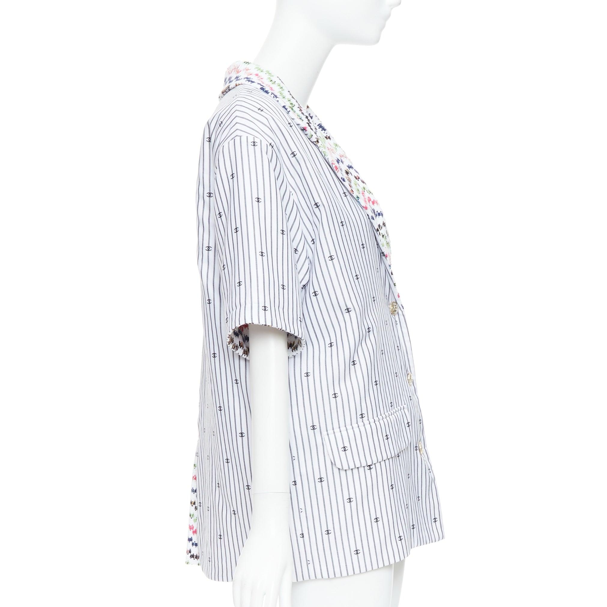 CHANEL 2021 multicolore tweed blanc rayé logo CC à manches courtes FR38 M Pour femmes en vente