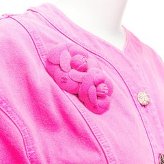 CHANEL 2021 neon pink cotton denim CC logo camellia embellished jacket FR34 XS