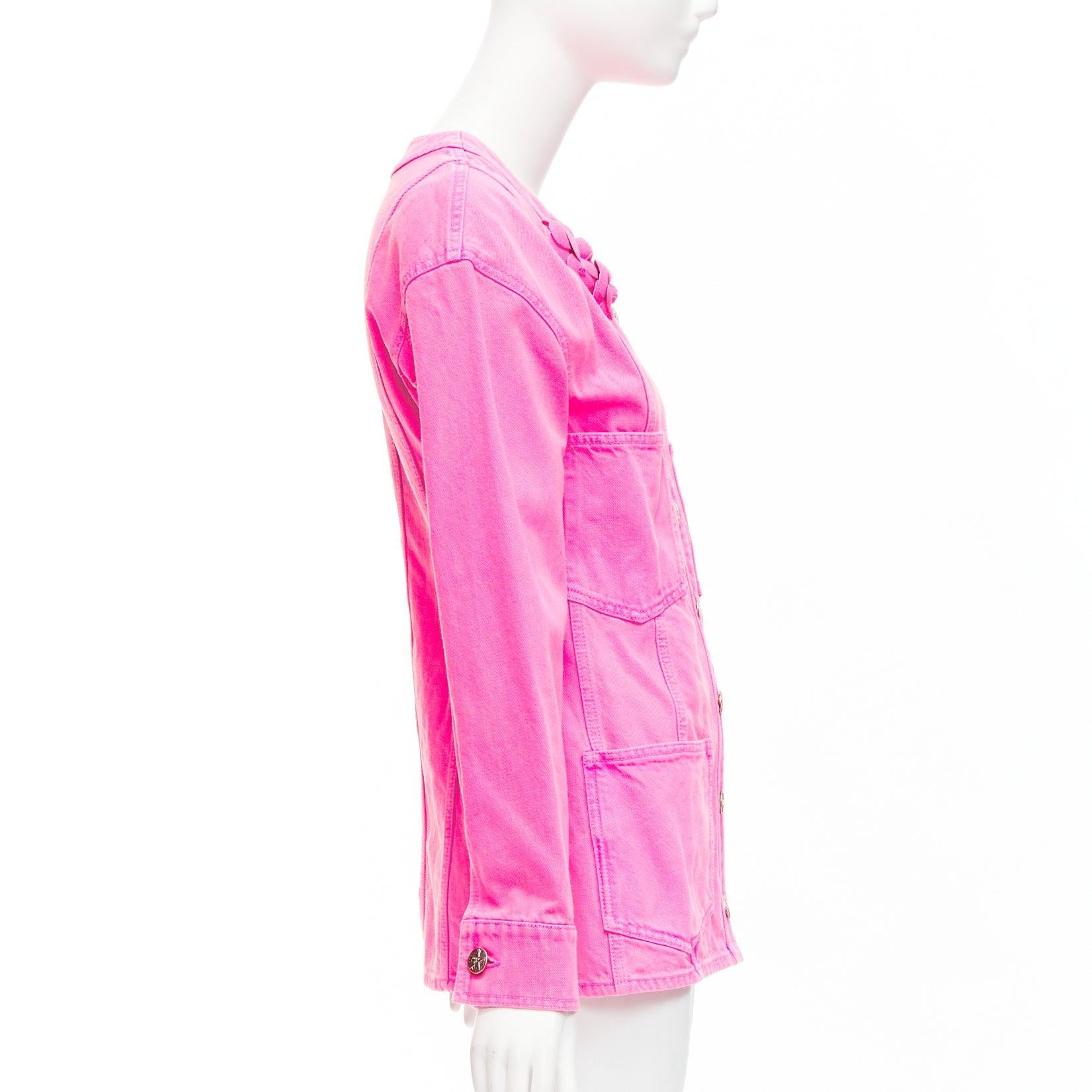 Women's CHANEL 2021 neon pink cotton denim CC logo camellia embellished jacket FR34 XS For Sale