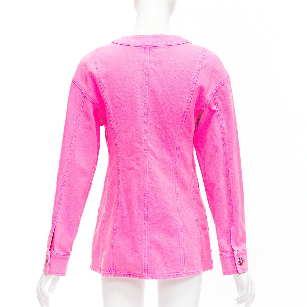 CHANEL 2021 neon pink cotton denim CC logo camellia embellished jacket FR34 XS For Sale 1