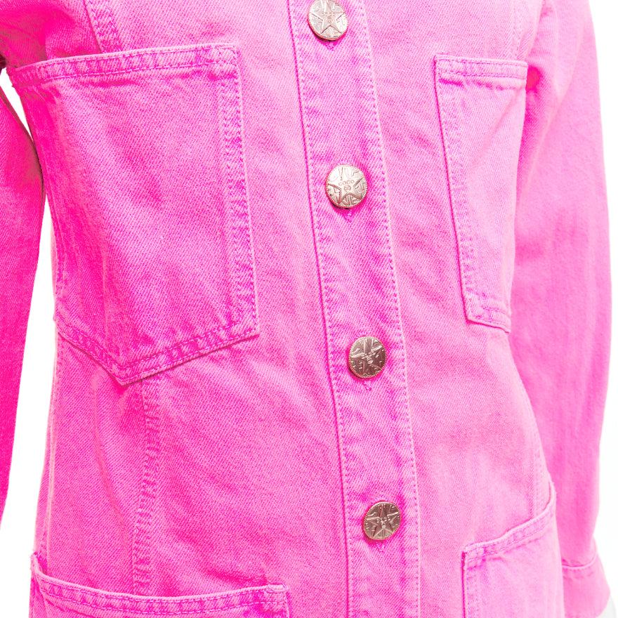 CHANEL 2021 neon pink cotton denim CC logo camellia embellished jacket FR34 XS For Sale 3