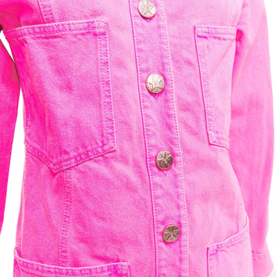 CHANEL 2021 neon pink cotton denim CC logo camellia embellished jacket FR34 XS For Sale 4