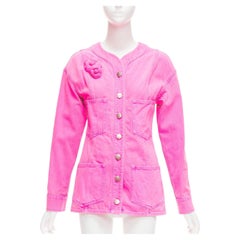 CHANEL 2021 neon pink cotton denim CC logo camellia embellished jacket FR34 XS