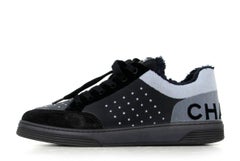 Chanel 2021 NEW Grey/Black Velvet Logo Sneakers sz 38