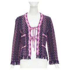 CHANEL 2021 P70494 fringe trim tie front tweed chevron cardigan jacket FR34 XXS