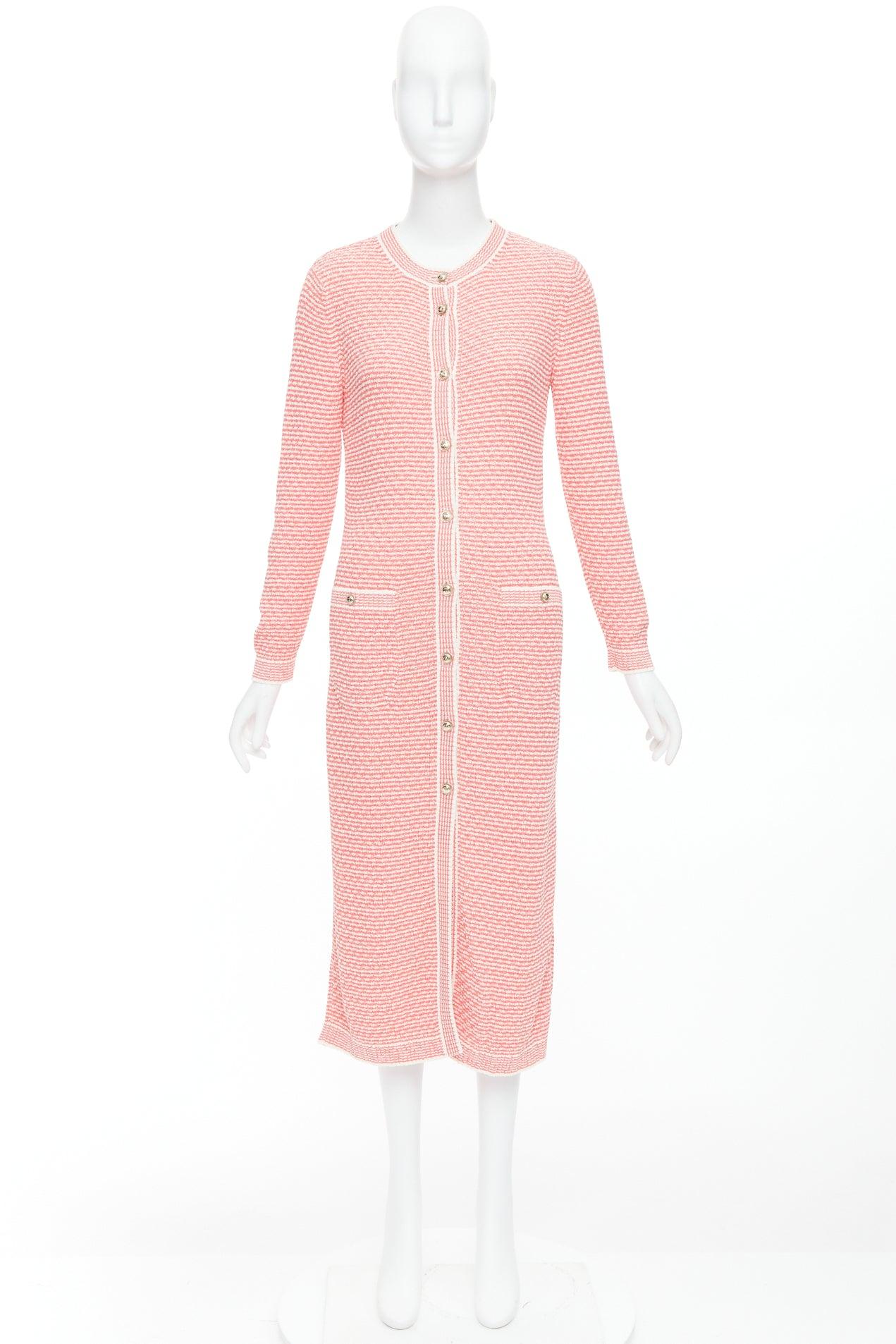 CHANEL 2021 pink white CC logo button long knit cardigan FR36 S For Sale 5