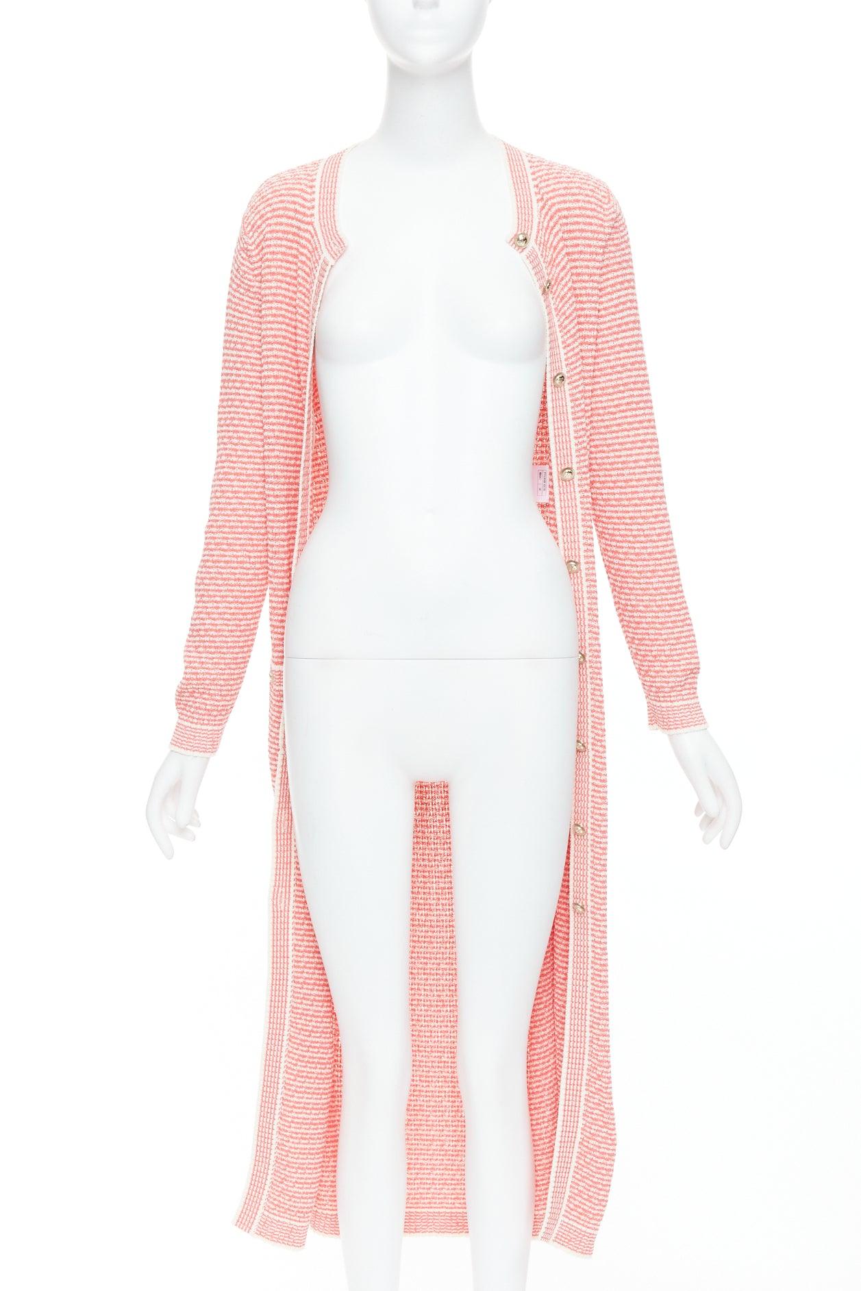 Orange CHANEL 2021 pink white CC logo button long knit cardigan FR36 S For Sale