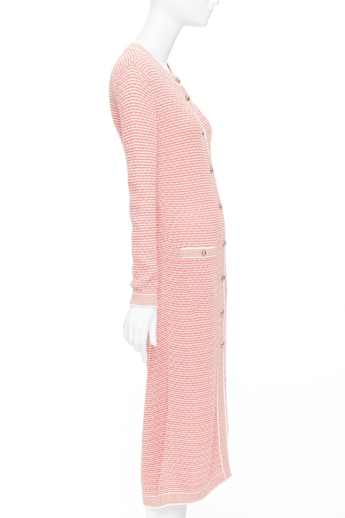Women's CHANEL 2021 pink white CC logo button long knit cardigan FR36 S For Sale