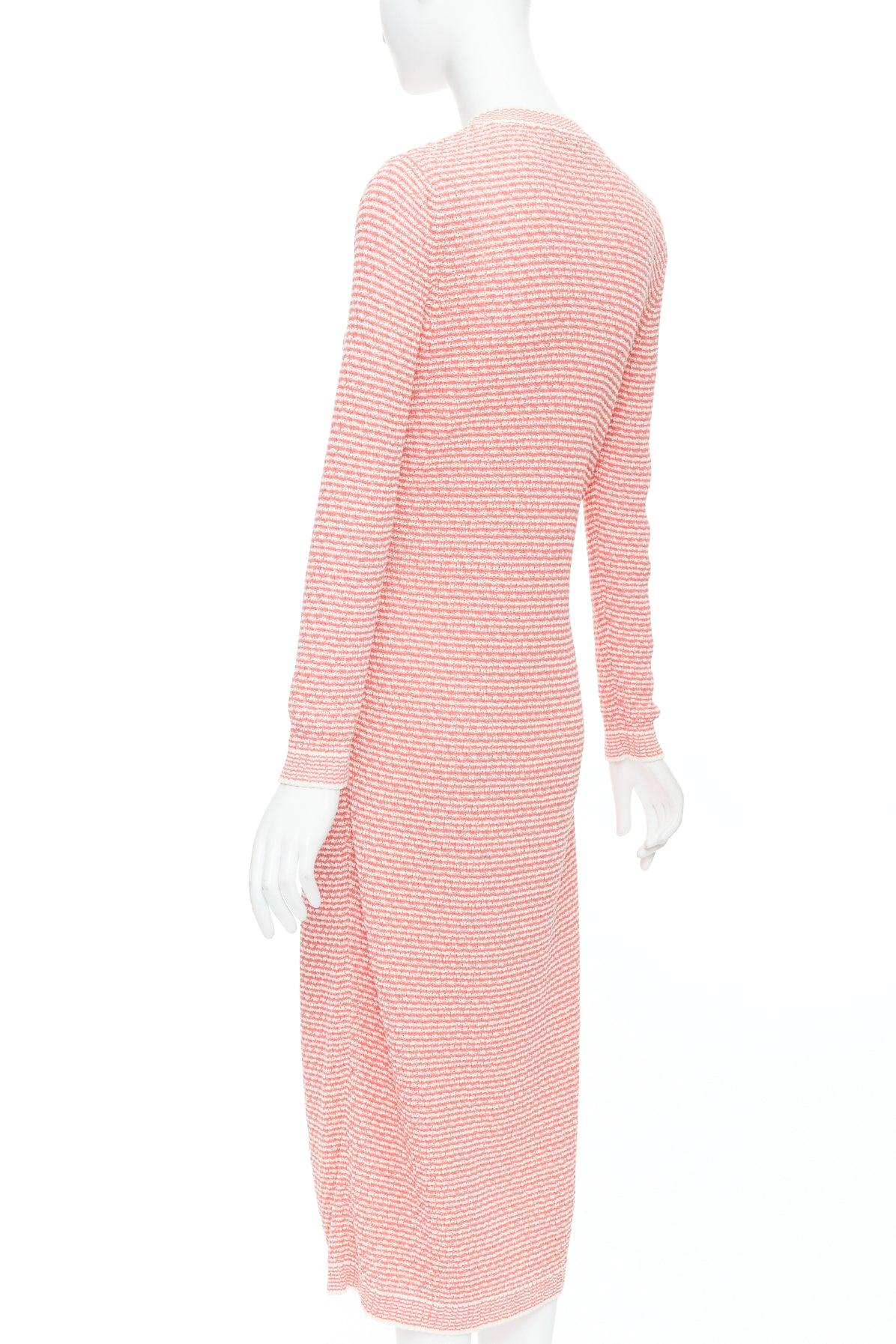 CHANEL 2021 pink white CC logo button long knit cardigan FR36 S For Sale 2