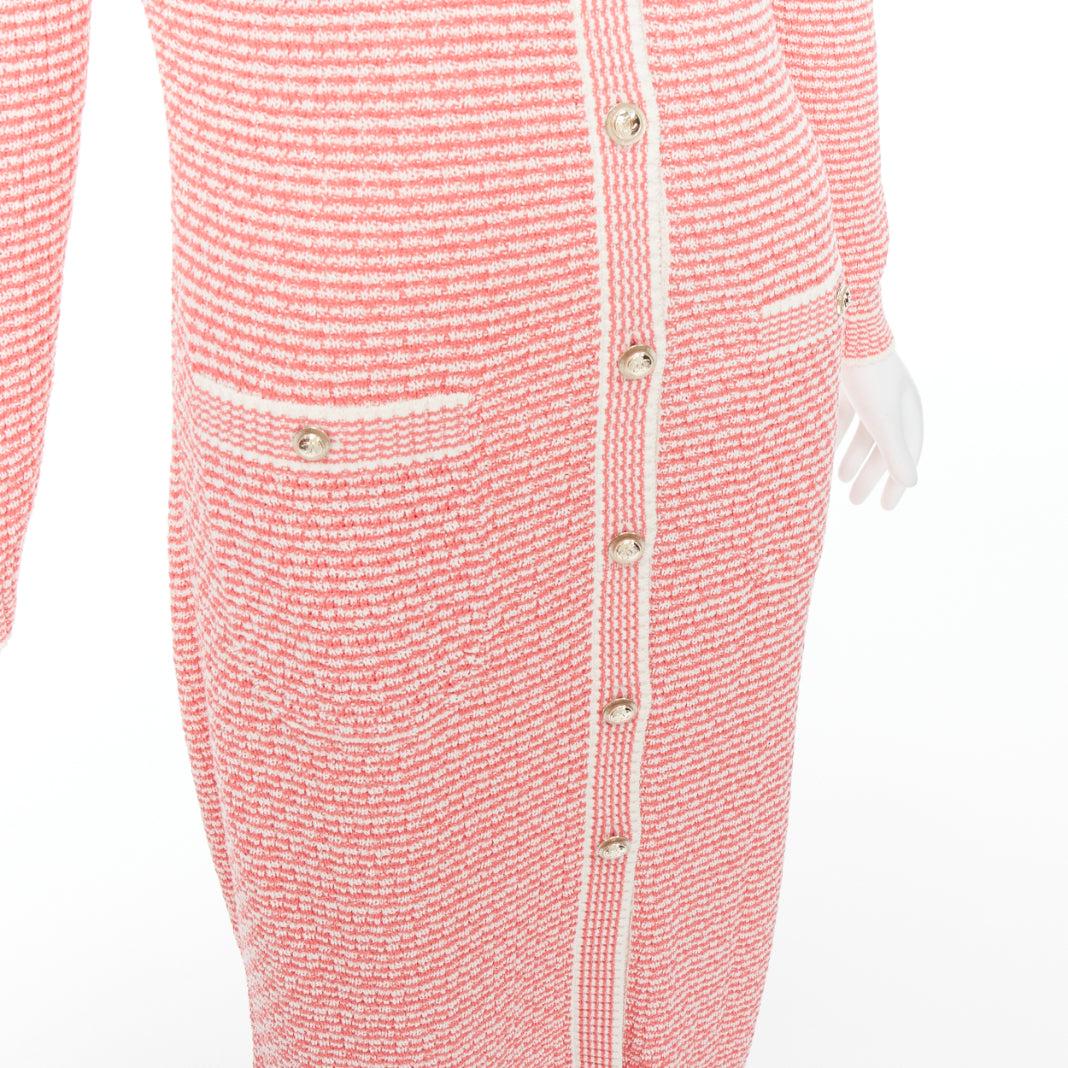 CHANEL 2021 pink white CC logo button long knit cardigan FR36 S For Sale 3