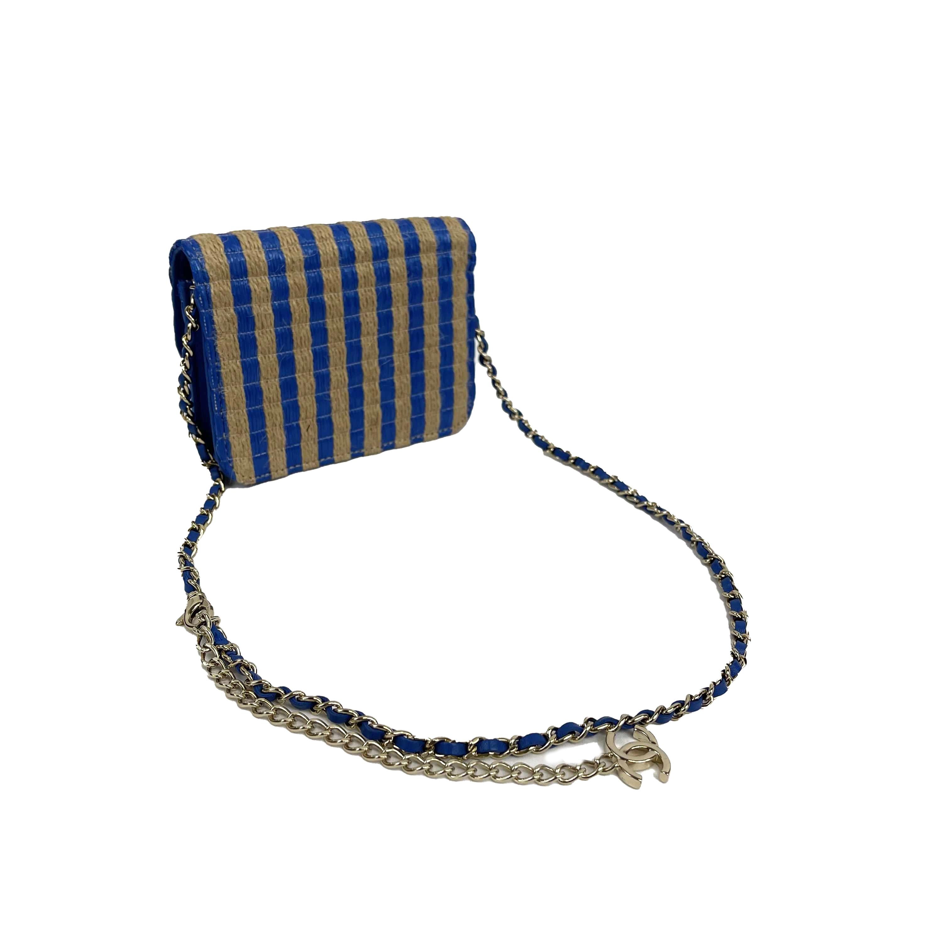 CHANEL 2021 Raffia Jute Striped Belt Bag Blue / Beige / Gold