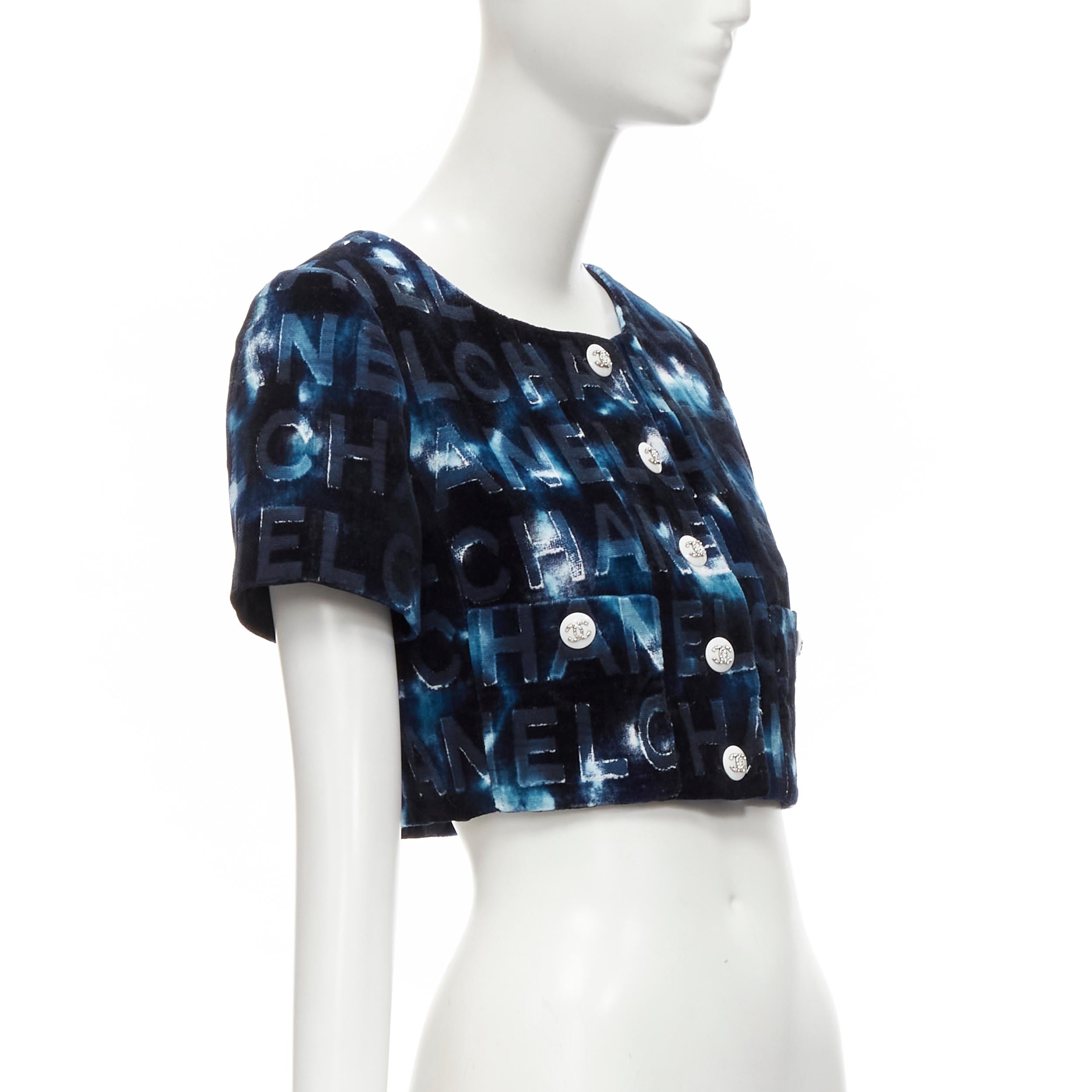 Women's CHANEL 2021 Runway black blue tie dye velvet logo damask cropped jacket FR36 S