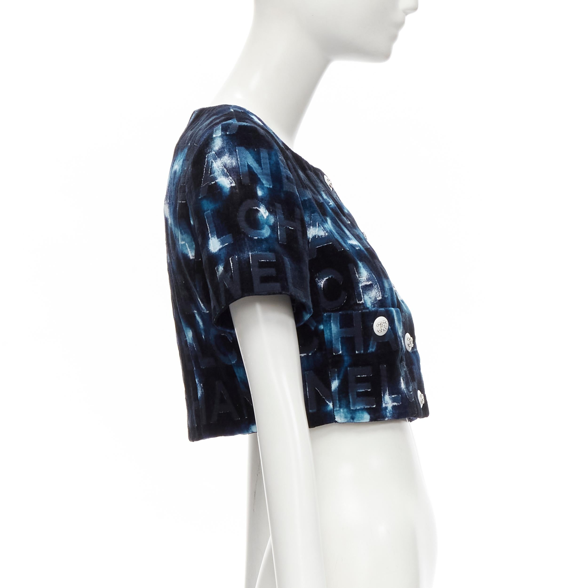 CHANEL 2021 Runway black blue tie dye velvet logo damask cropped jacket FR36 S 1