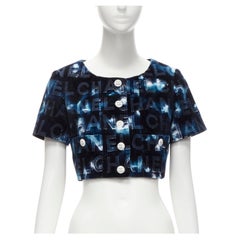 Chanel 2021 Giacca cropped in velluto blu con logo damascato FR36 S