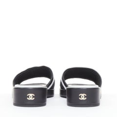 CHANEL 2021 Runway embroidered lambskin CC block heeled mule sandals EU35.5