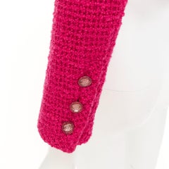 CHANEL 2021 Runway pink wool crystal button lattice tweed cropped jacket FR36