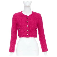 CHANEL 2021 Runway pink wool crystal button lattice tweed cropped jacket FR36