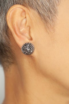 Chanel 2021 Silver-Tone Studded Dome CC Logo Stud Earrings