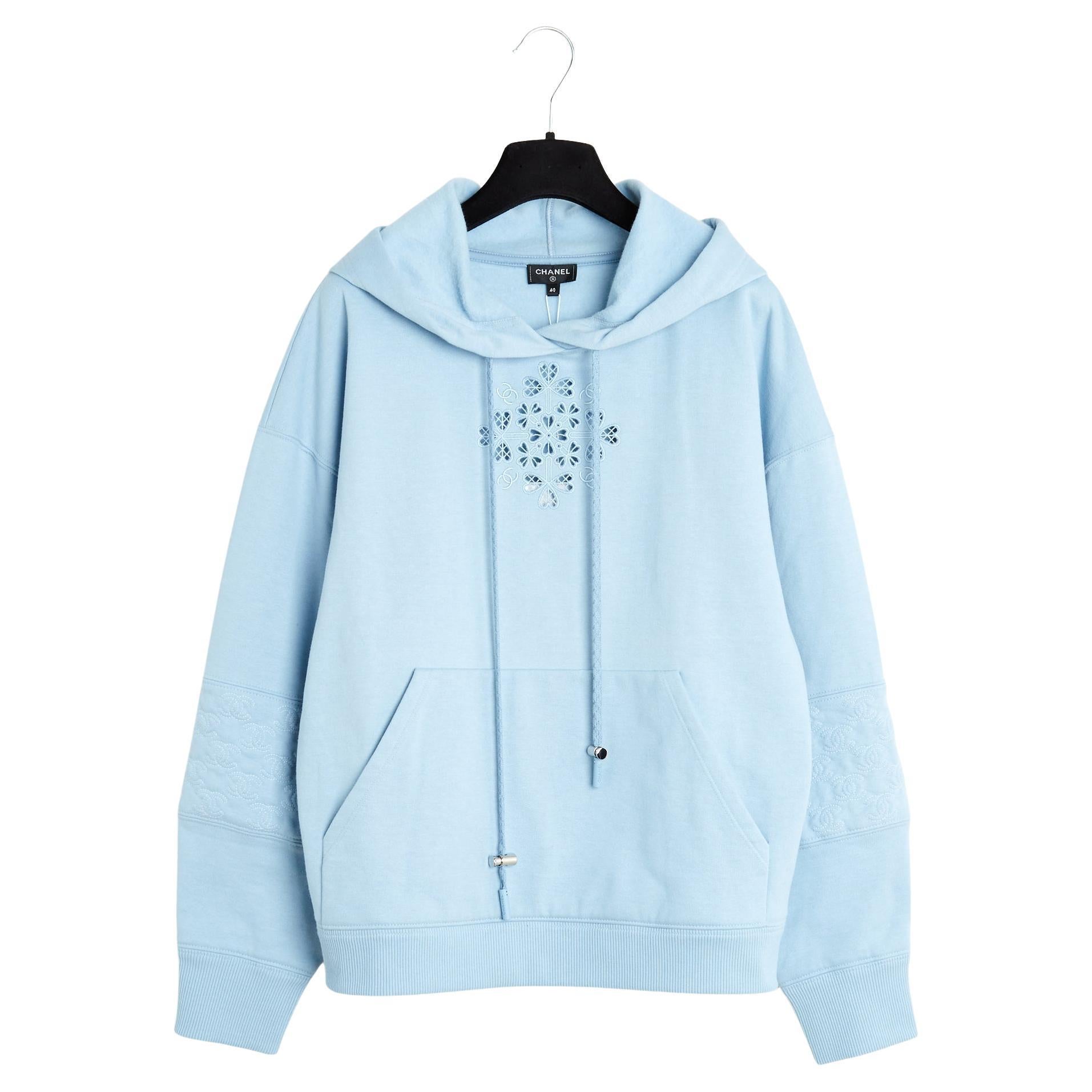 Chanel 2021 Sweat Shirt F40 Baby Blue Embroided cotton Hoody Sweater UK10 US8