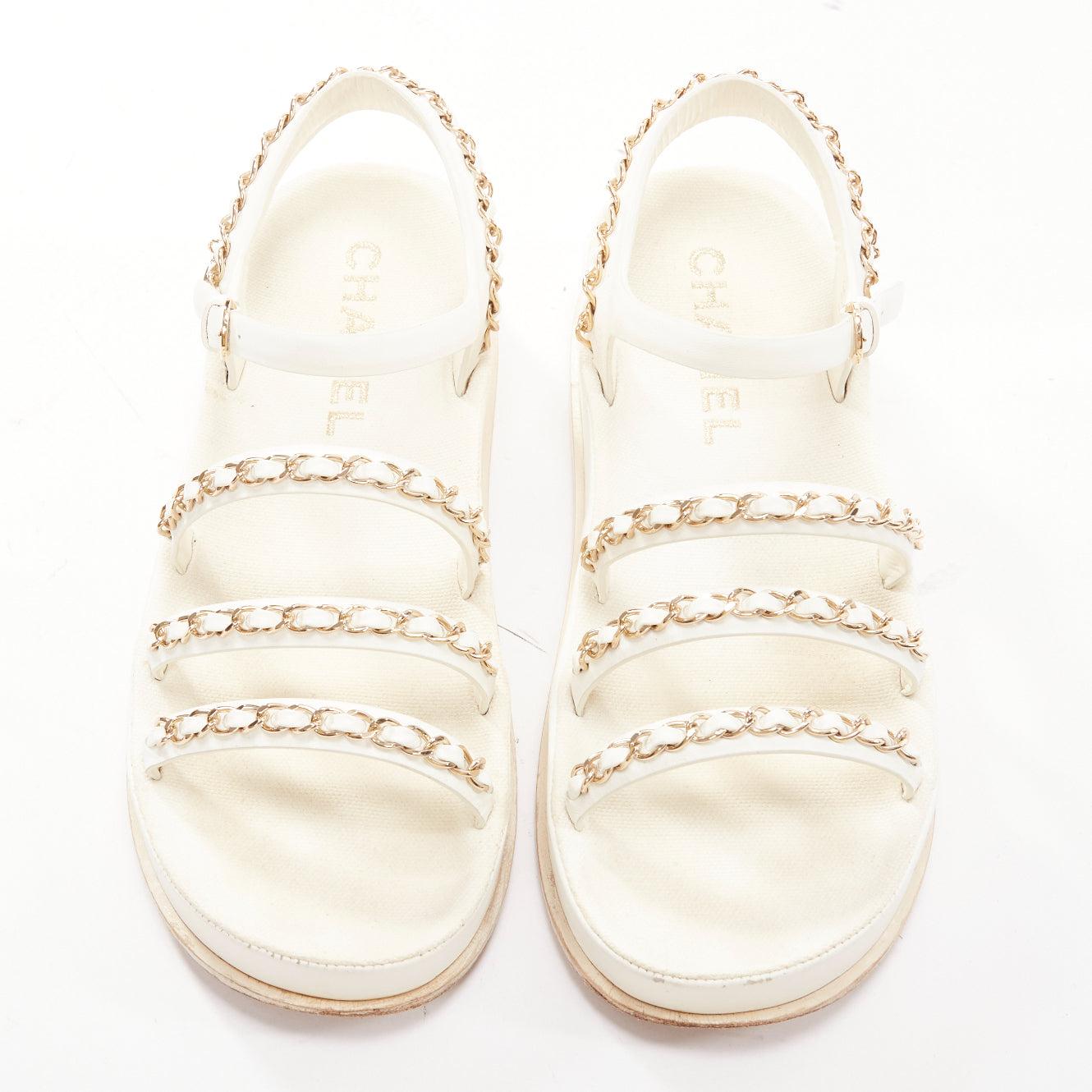 CHANEL 2021 white calfskin gold chain platform CC logo dad sandals EU36 In Fair Condition In Hong Kong, NT