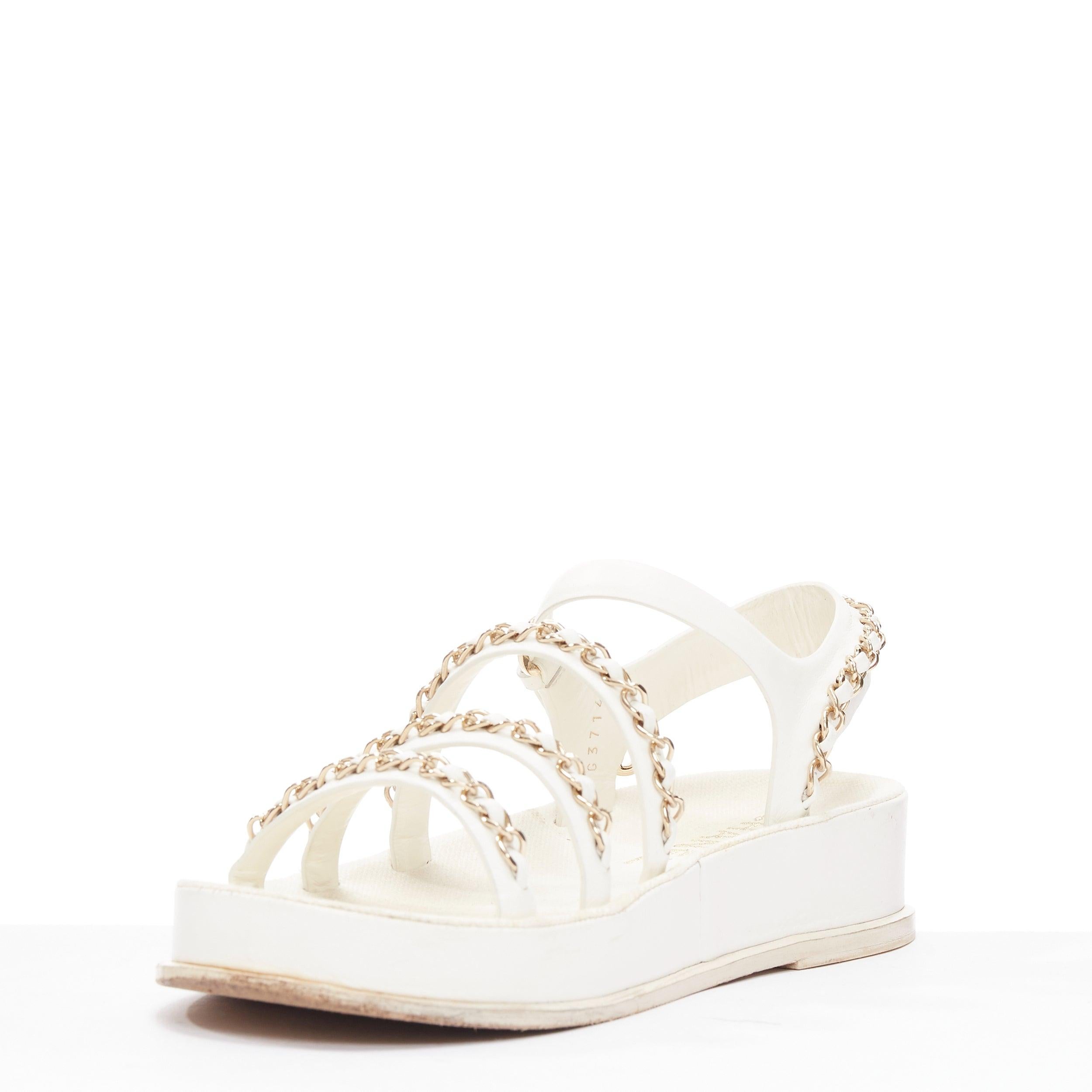 Women's CHANEL 2021 white calfskin gold chain platform CC logo dad sandals EU36