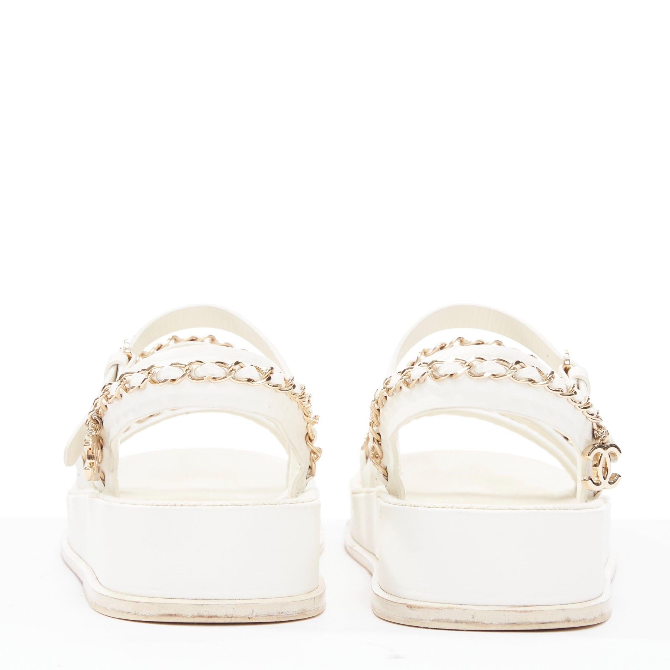 CHANEL 2021 white calfskin gold chain platform CC logo dad sandals EU36 1
