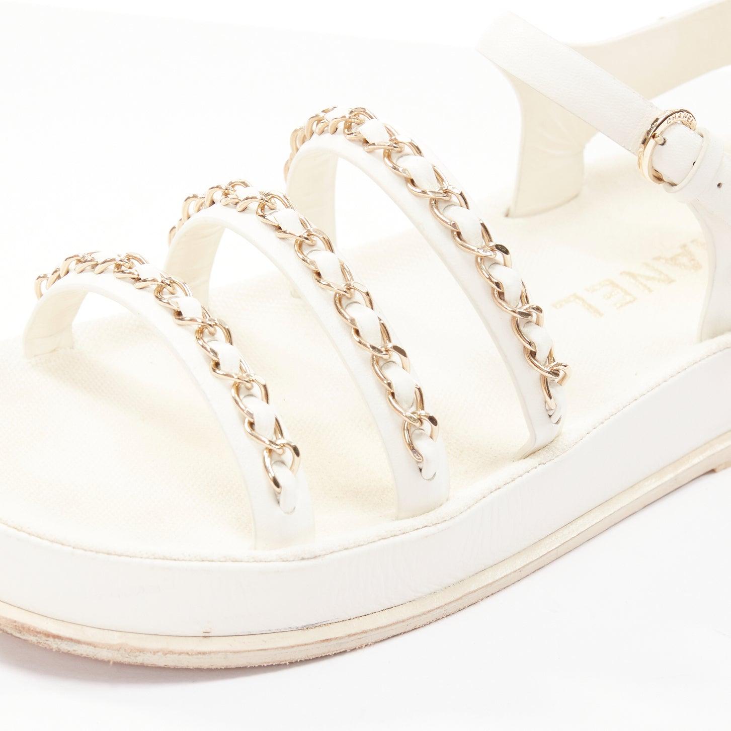 CHANEL 2021 white calfskin gold chain platform CC logo dad sandals EU36 3