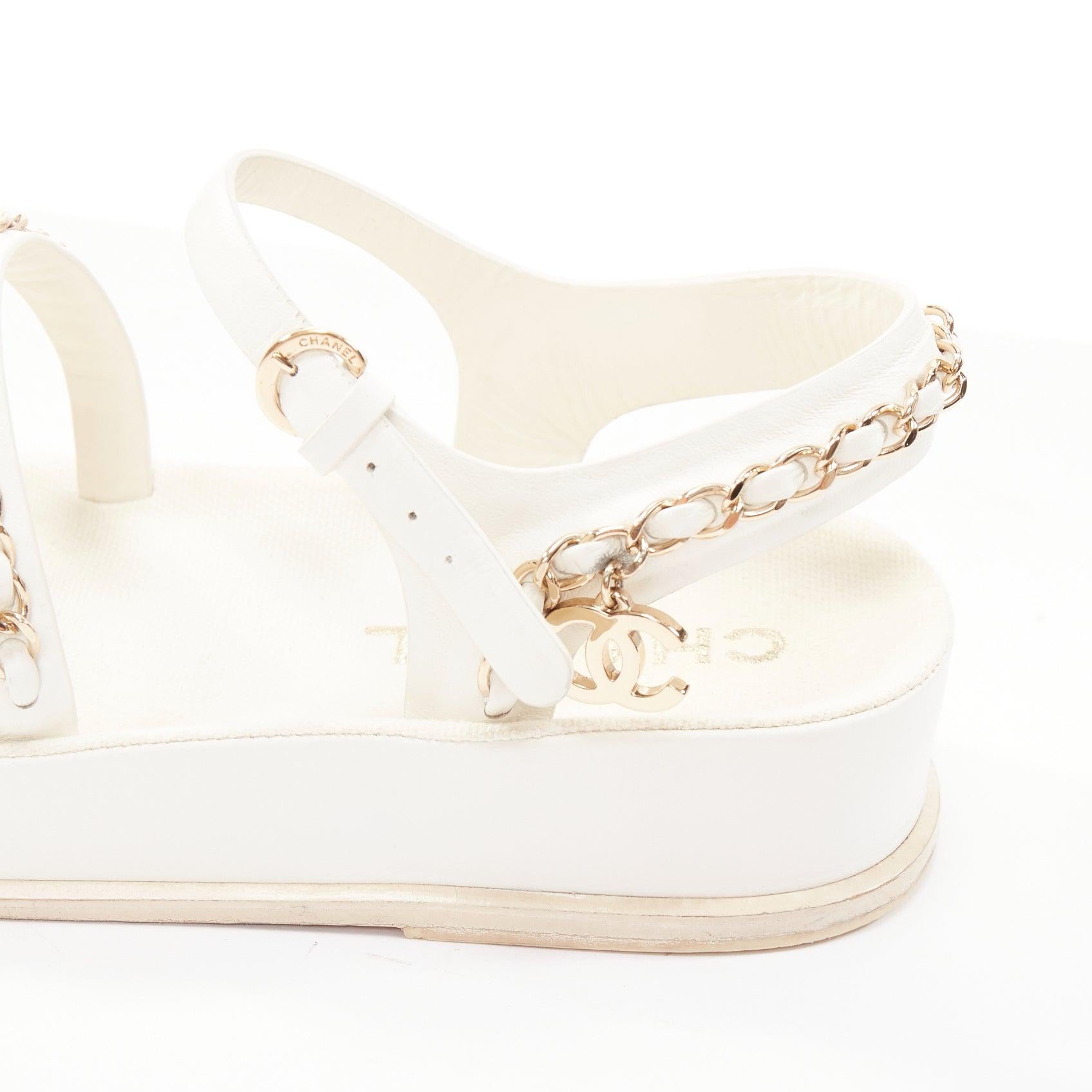 CHANEL 2021 white calfskin gold chain platform CC logo dad sandals EU36 4