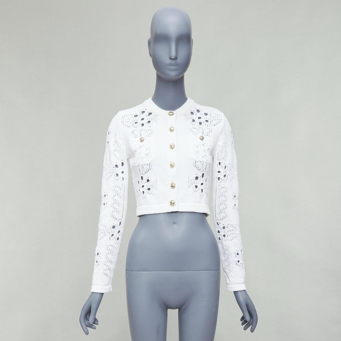 CHANEL 2021 white cotton gold CC button crochet knit cropped cardigan FR34 XS For Sale 5