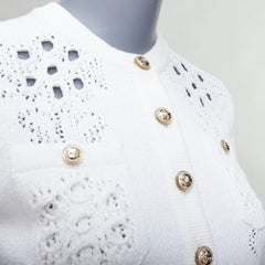 CHANEL 2021 white cotton gold CC button crochet knit cropped cardigan FR34 XS