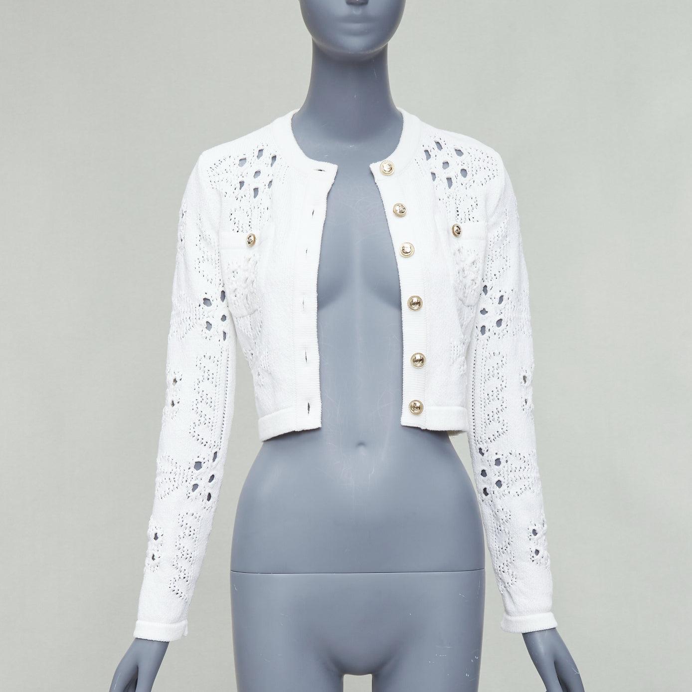 Gray CHANEL 2021 white cotton gold CC button crochet knit cropped cardigan FR34 XS For Sale