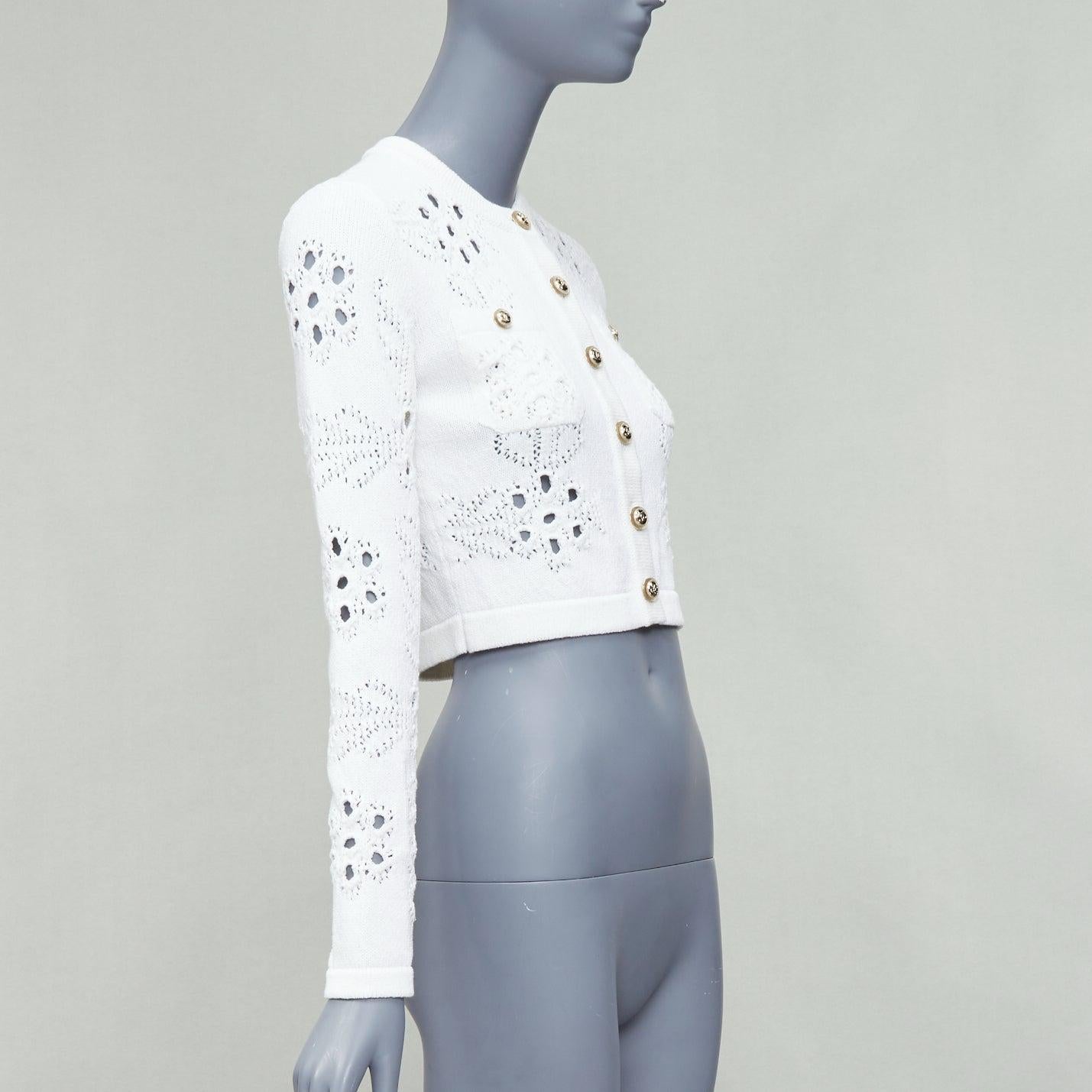 CHANEL 2021 white cotton gold CC button crochet knit cropped cardigan FR34 XS In Good Condition For Sale In Hong Kong, NT