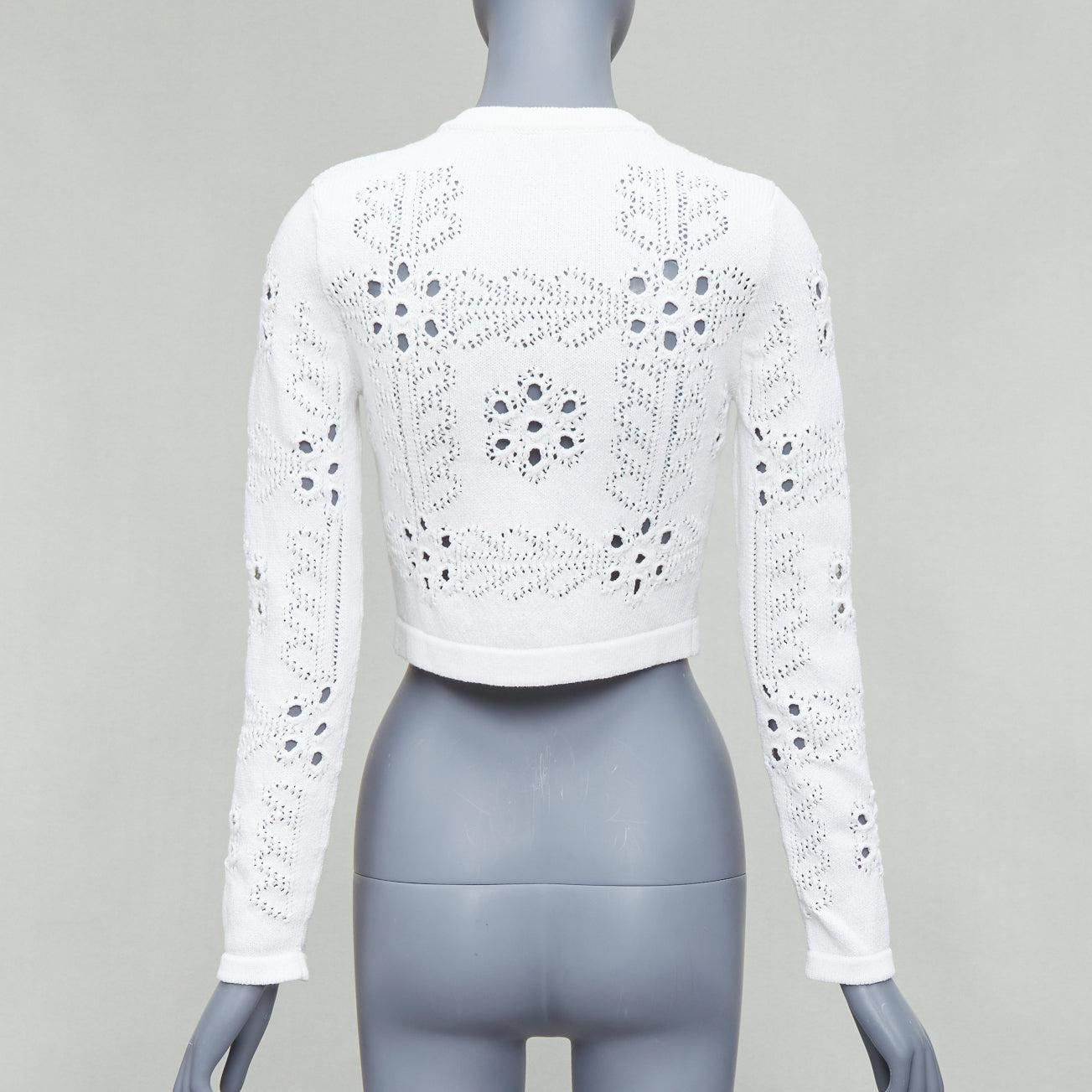 CHANEL 2021 white cotton gold CC button crochet knit cropped cardigan FR34 XS For Sale 1