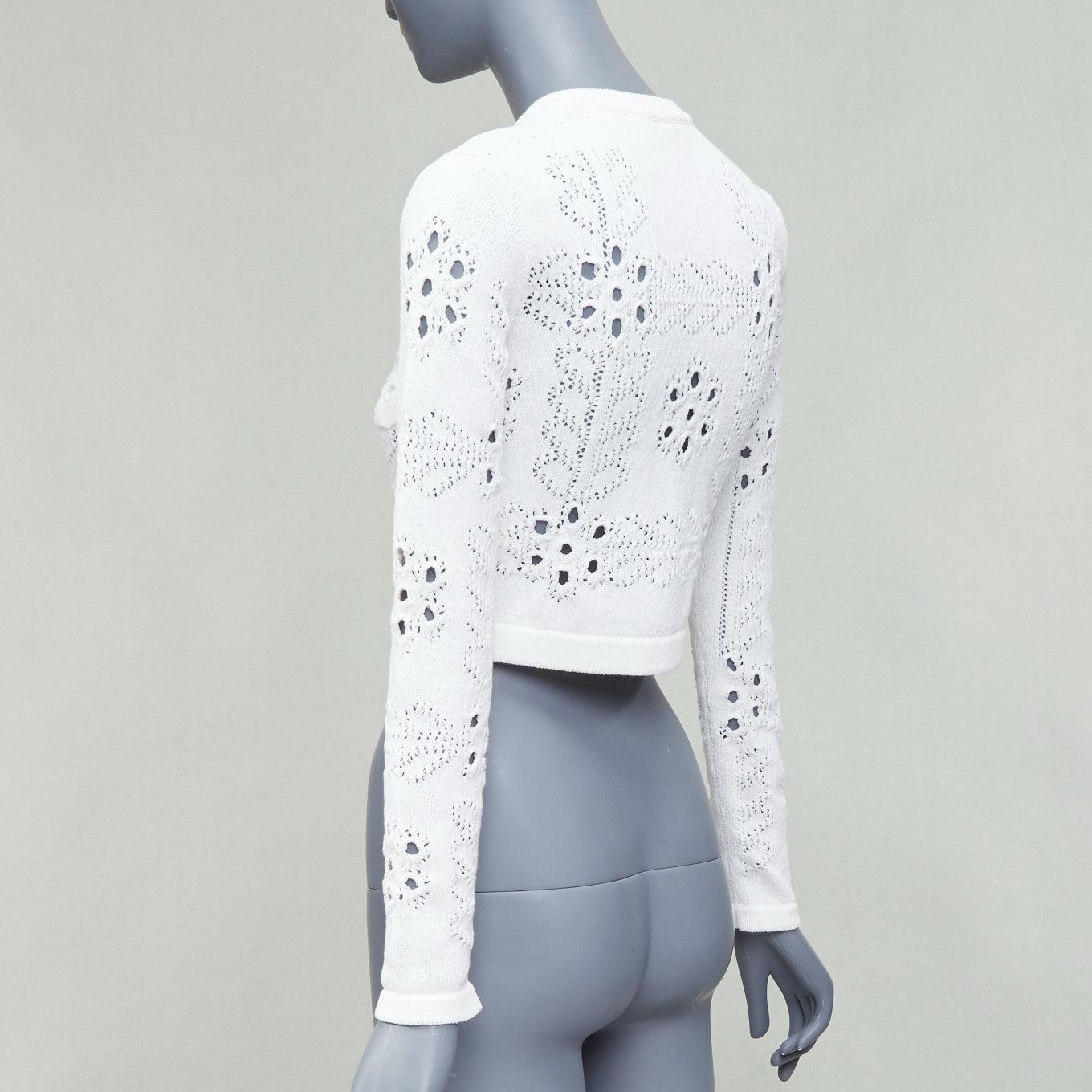CHANEL 2021 white cotton gold CC button crochet knit cropped cardigan FR34 XS For Sale 2