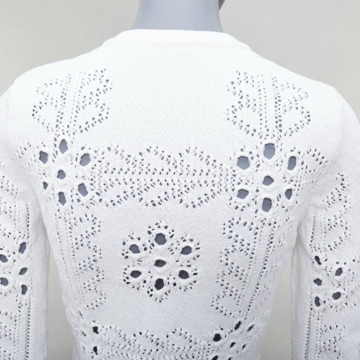 CHANEL 2021 white cotton gold CC button crochet knit cropped cardigan FR34 XS For Sale 3