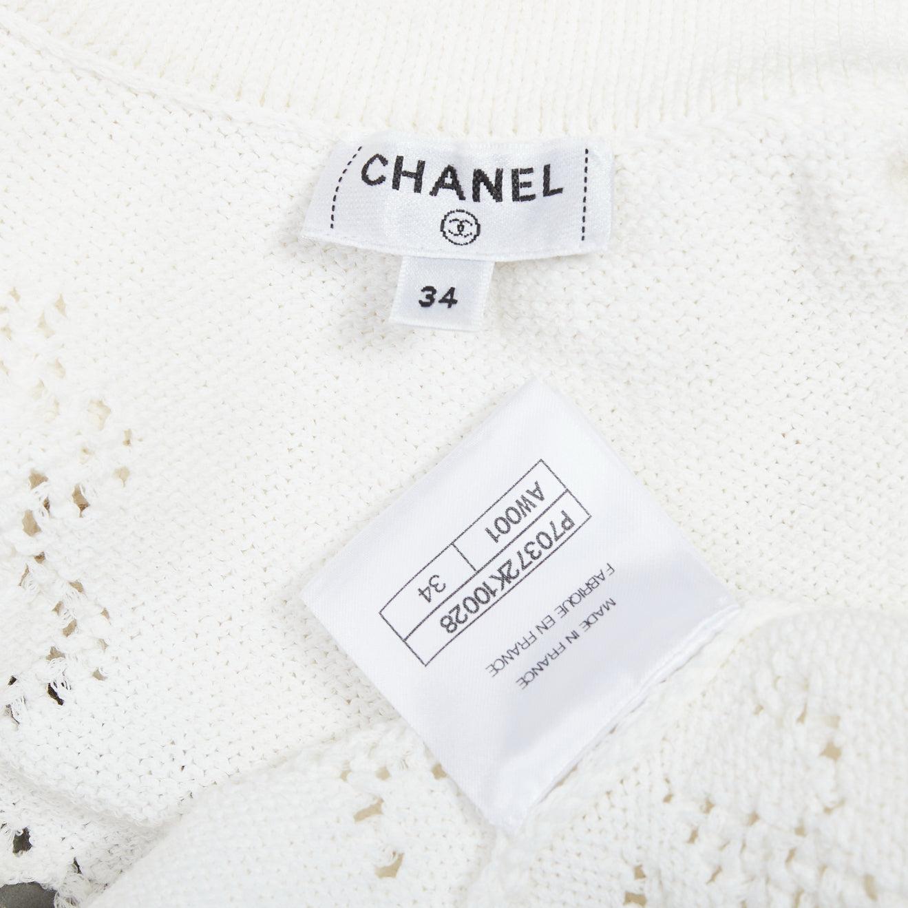 CHANEL 2021 white cotton gold CC button crochet knit cropped cardigan FR34 XS For Sale 4