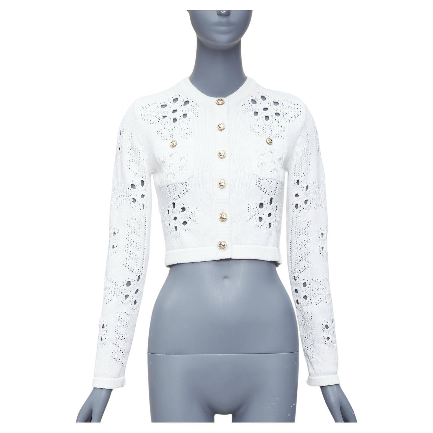 CHANEL 2021 white cotton gold CC button crochet knit cropped cardigan FR34 XS For Sale