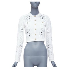 CHANEL 2021 white cotton gold CC button crochet knit cropped cardigan FR34 XS