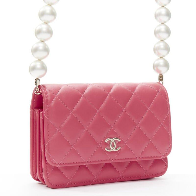 Beige CHANEL 2021 XL pearl pink quilted leather flap wallet on chain crossbody bag