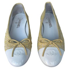 Chanel 2021 Yellow Tweed/ White Patent CC Ballerina Flats sz 39 rt. $850