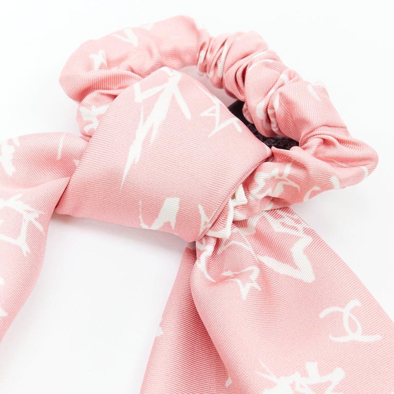 CHANEL 2022 100% silk pink white CC star print hair ribbon 