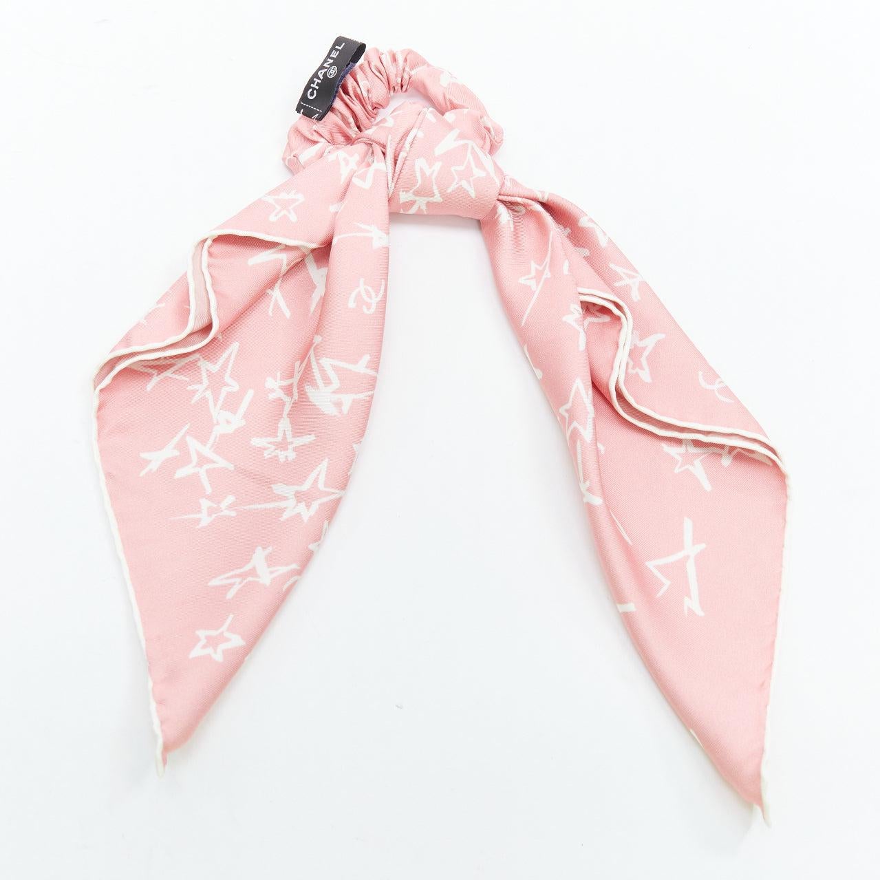 CHANEL 2022 100% silk pink white CC star print hair ribbon scrunchie In Excellent Condition For Sale In Hong Kong, NT