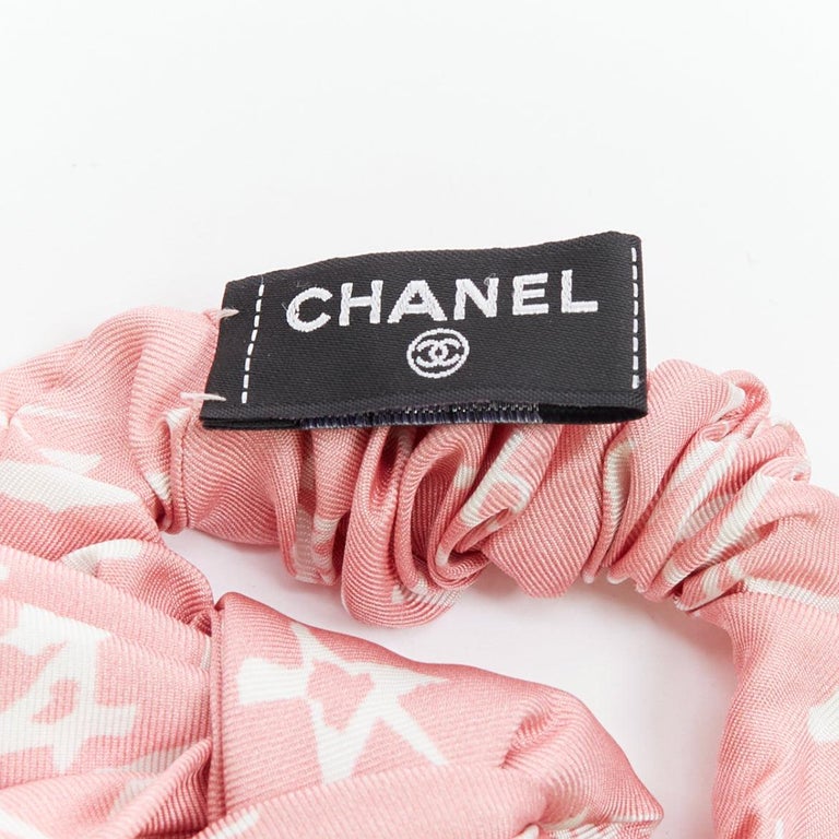 CHANEL 2022 100% silk pink white CC star print hair ribbon  display picture 1