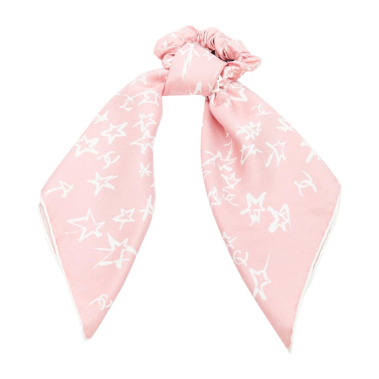 CHANEL 2022 100% silk pink white CC star print hair ribbon 