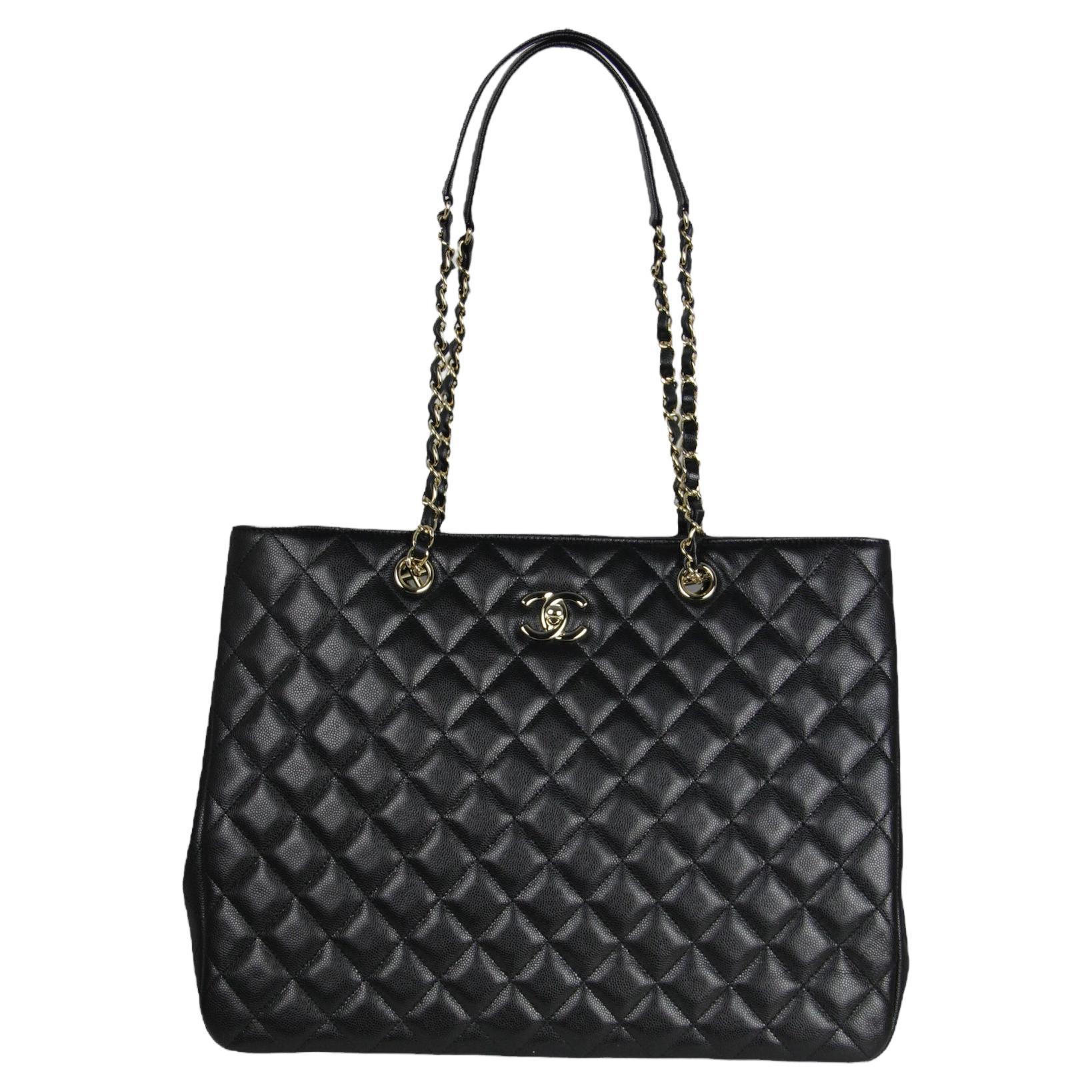 Chanel 2022 Black Caviar Leather Quilted Large Classic Shopping Tote Bag