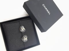 CHANEL 2022 Black Leather CC Heart Clip On Earrings Gold