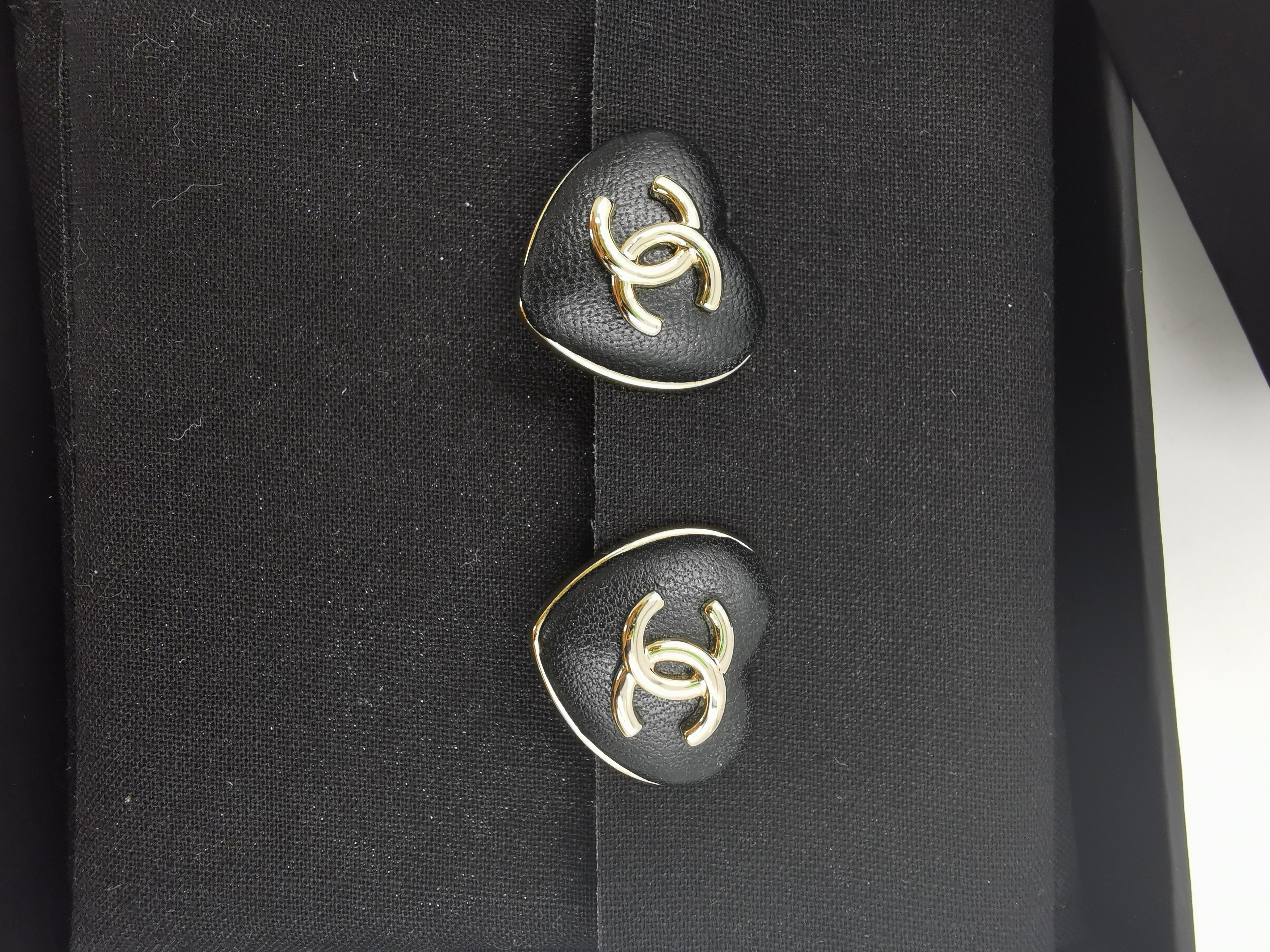 Etruscan Revival CHANEL 2022 Black Leather CC Heart Clip On Earrings Gold