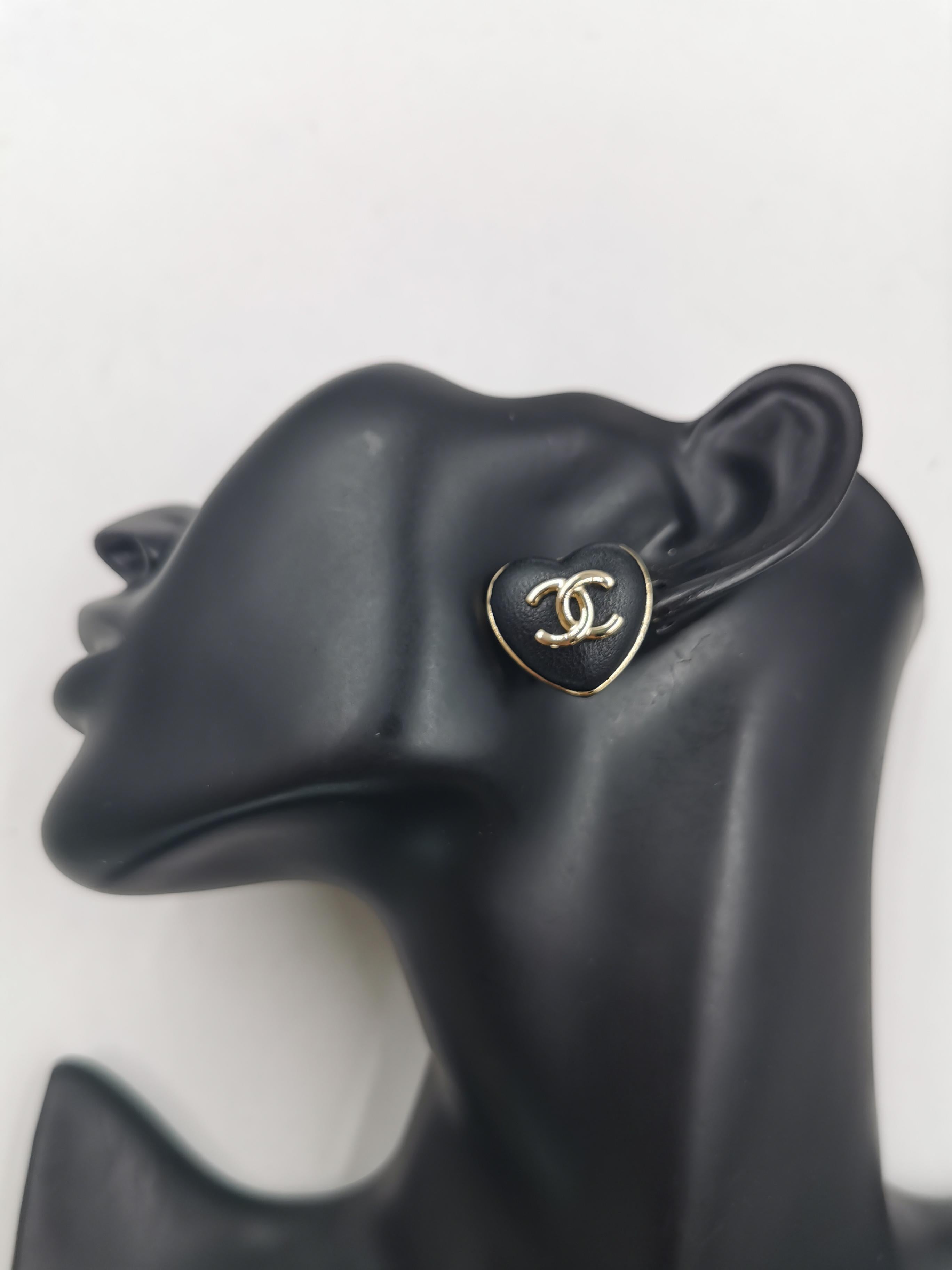 CHANEL 2022 Black Leather CC Heart Clip On Earrings Gold 1